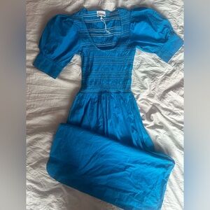 Ganni Contemporary Smocked Midi Dress Puff Sleeve Blue Statement Dress Size 34